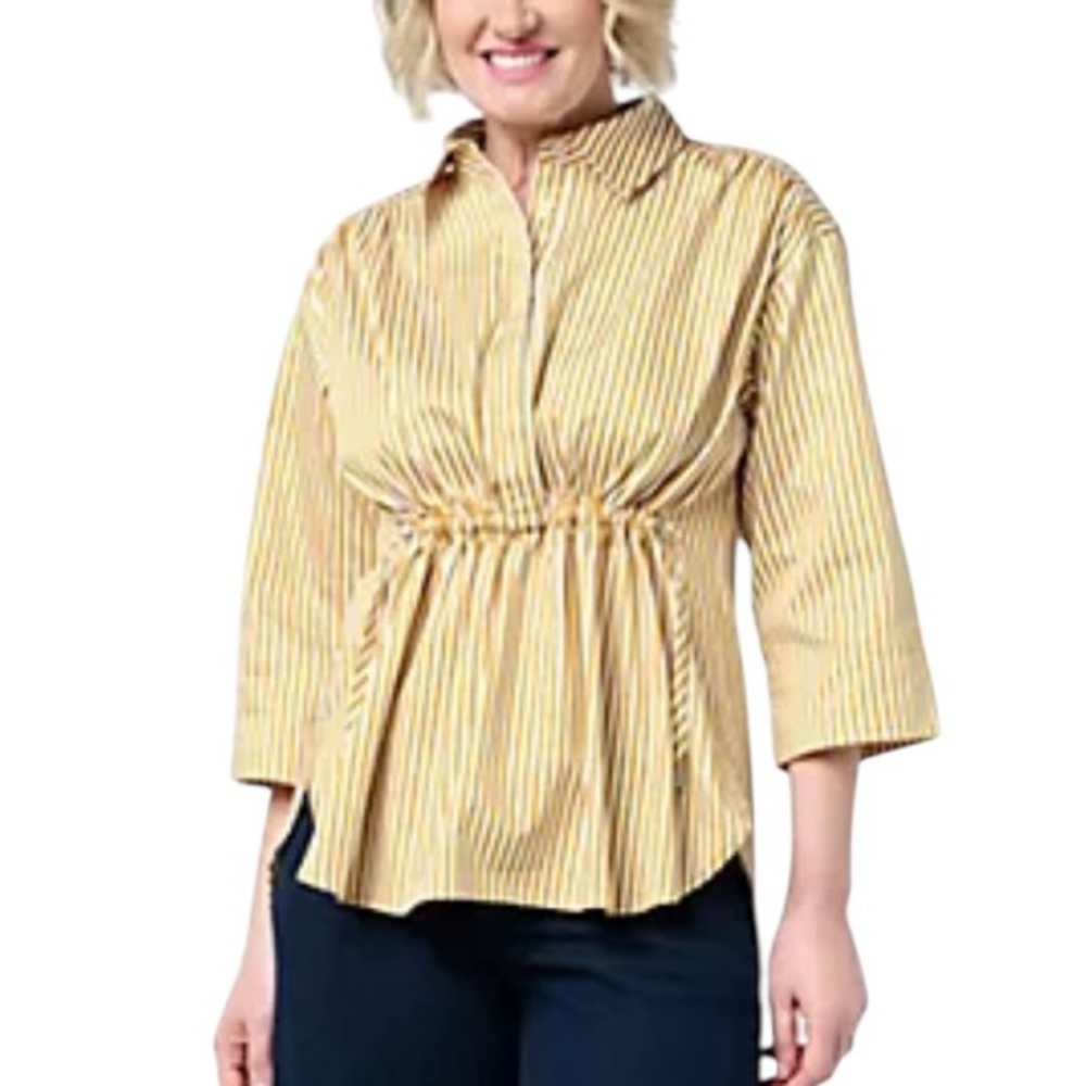 Carla Rockmore Golden Stripe Print Drawstring 3/4 Sleeve Blouse - M